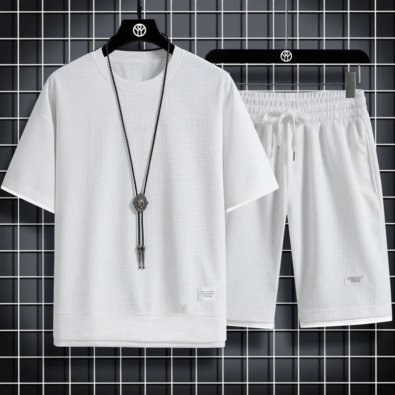 2025 Summer Men's Sports Set Casual T-Shirt + Shorts Set Waffle Solid Color Short-sleeve Shorts Two Sets Tracksuit Loose Suits