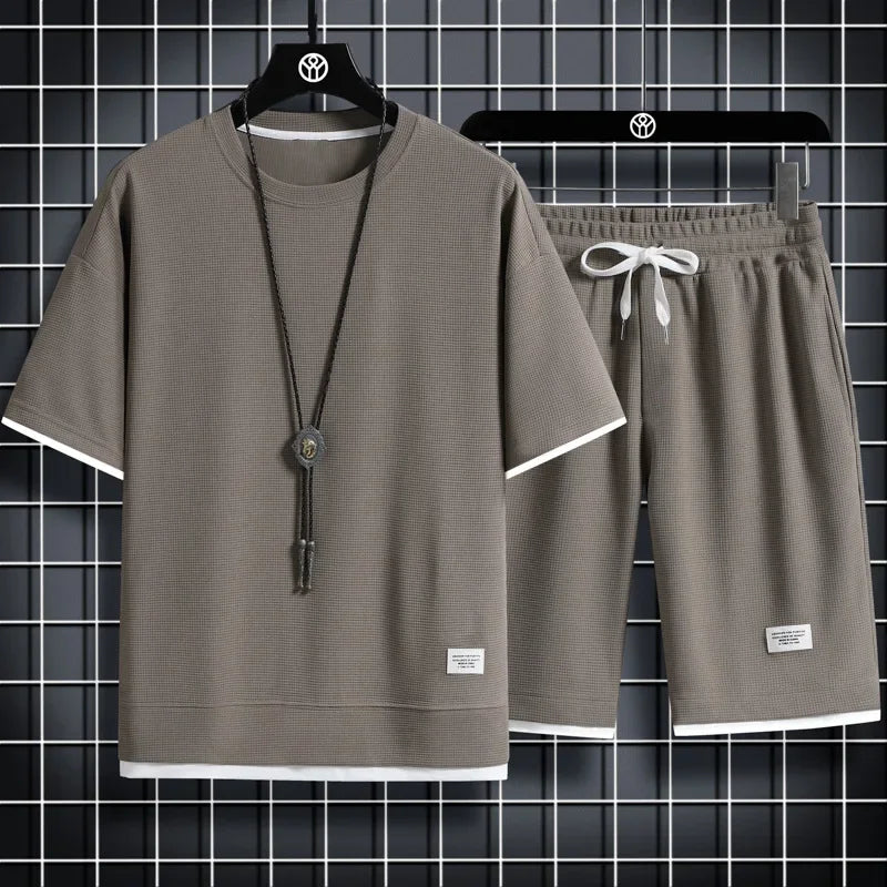 2025 Summer Men's Sports Set Casual T-Shirt + Shorts Set Waffle Solid Color Short-sleeve Shorts Two Sets Tracksuit Loose Suits