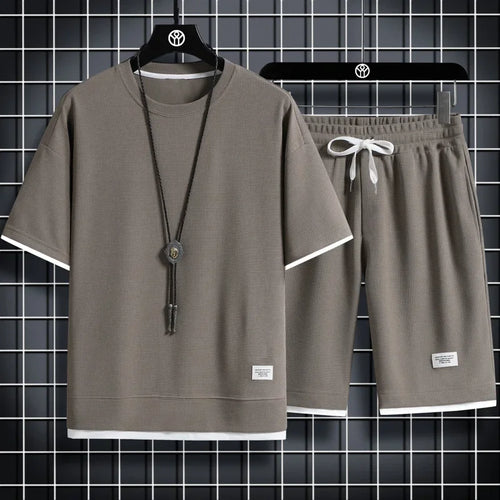 2025 Summer Men's Sports Set Casual T-Shirt + Shorts Set Waffle Solid Color Short-sleeve Shorts Two Sets Tracksuit Loose Suits