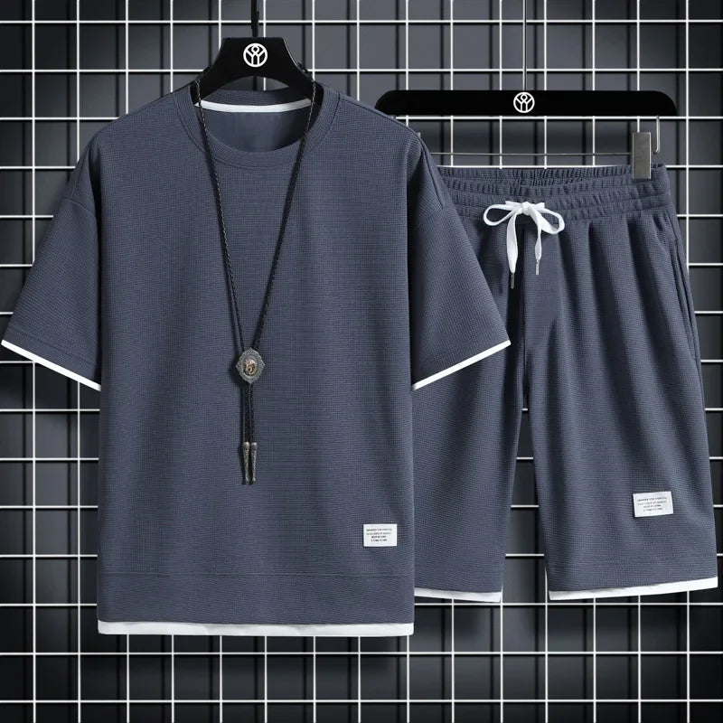 2025 Summer Men's Sports Set Casual T-Shirt + Shorts Set Waffle Solid Color Short-sleeve Shorts Two Sets Tracksuit Loose Suits