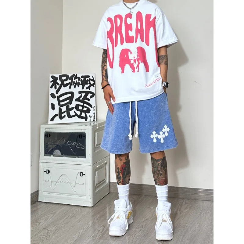 Summer High Street Casual Knitted Sports Shorts Men's Oversize American Fashion Brand Retro Basketball Shorts